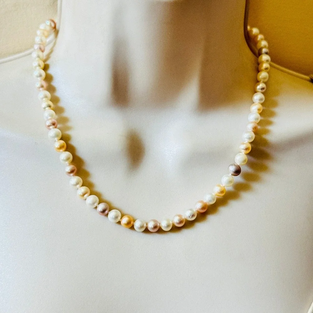 Pearl Necklace VTG Cultured Fresh-Water Tri-Color Beaded Knotted 925 Sterling